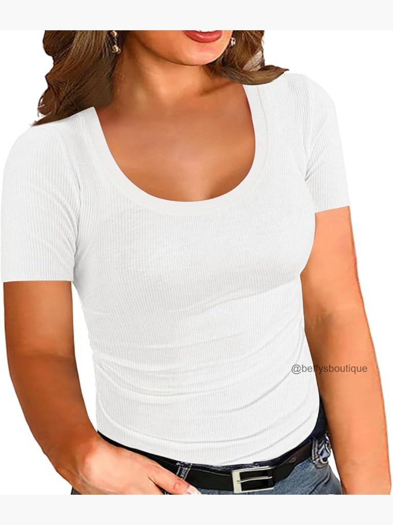 Plus Size Short Sleeve Ribbed Knit Scoop Neck Tee Blouse